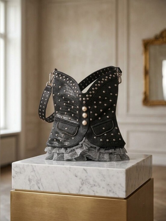 Handbags - Unique Studded Black Corset-Style Shoulder Bag ✨